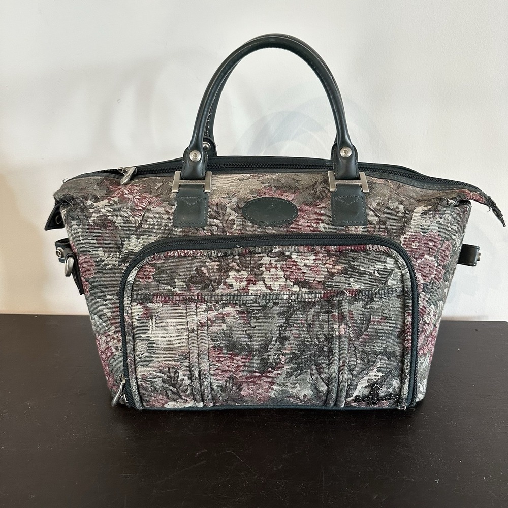 Vtg 80's Atlantic Floral Tapestry Carry On Weekend Overnight Bag Luggage Green